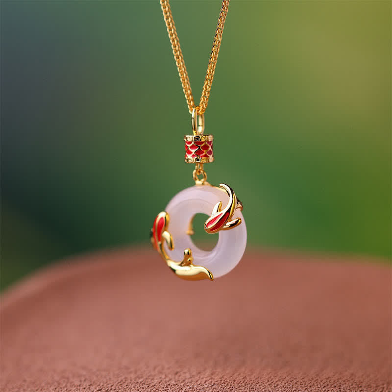 Buddha Stones Runde Halskette mit weißer Chalcedon-Koi-Fisch-Friedensschnalle - image 4