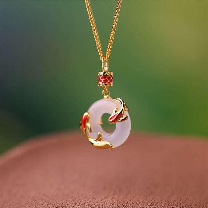 Buddha Stones Runde Halskette mit weißer Chalcedon-Koi-Fisch-Friedensschnalle - image 4