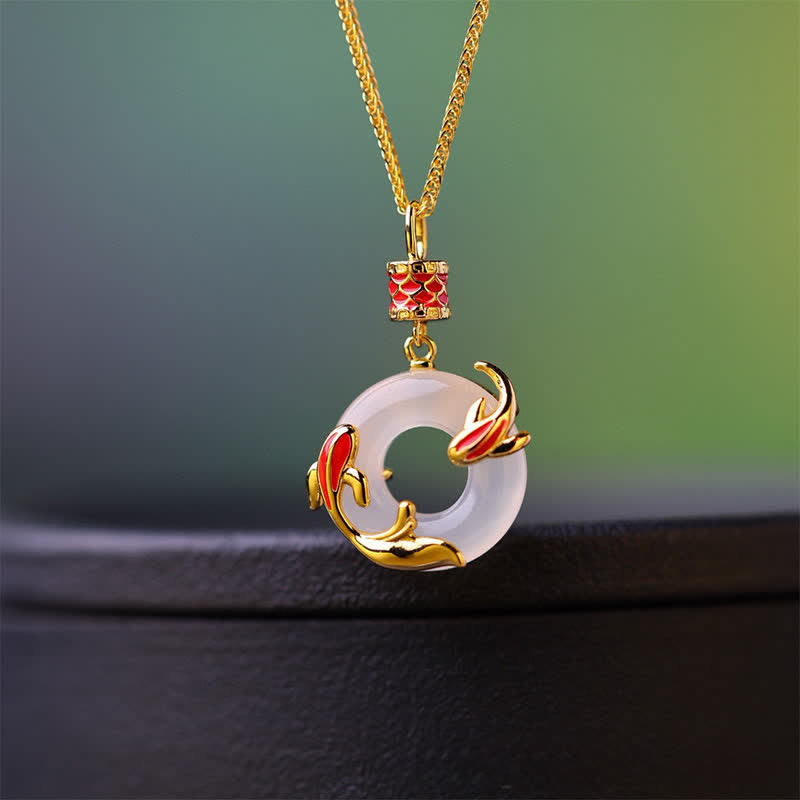 Buddha Stones Runde Halskette mit weißer Chalcedon-Koi-Fisch-Friedensschnalle - Weißer Chalcedon (Harmonie♥Positiv) - image 0
