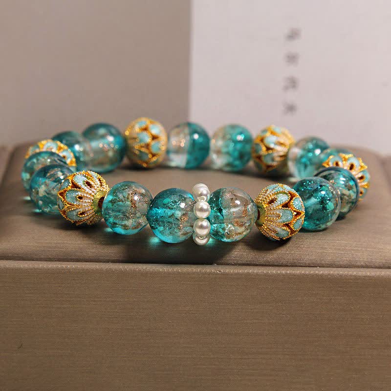 Buddha Stones Liuli Glasperlen-Goldblatt-Cloisonné-Reinheit Neues chinesisches rundes Armband - Blau - Glas (Klarheit♥Fokus) - image 4