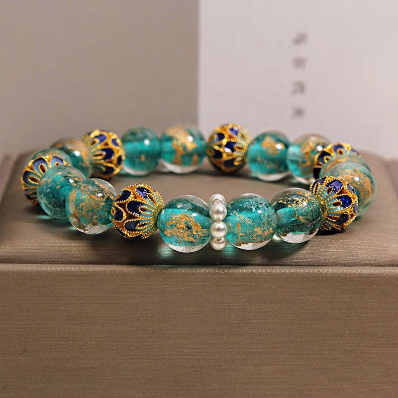 Buddha Stones Liuli Glasperlen-Goldblatt-Cloisonné-Reinheit Neues chinesisches rundes Armband - Pfauenblau - Glas (Klarheit♥Fokus) - image 0