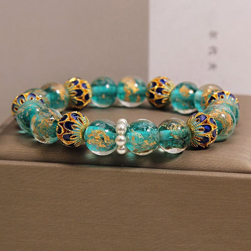 Buddha Stones Liuli Glasperlen-Goldblatt-Cloisonné-Reinheit Neues chinesisches rundes Armband - image 7