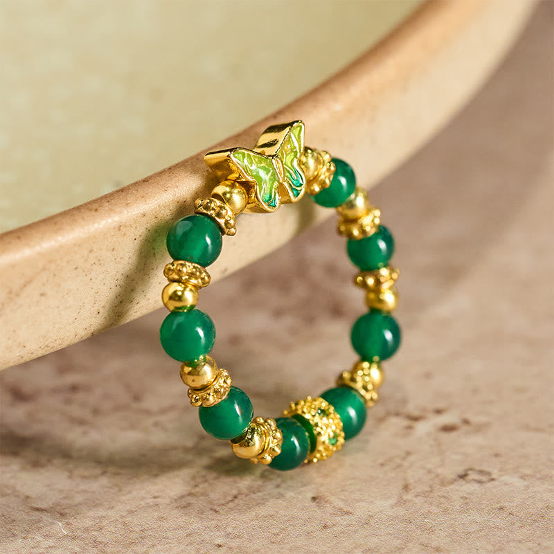 Buddha Stones Natürlicher grüner Achatperlen-Kupfer-Schmetterlings-Erneuerungsring - Grüner Achat - image 0