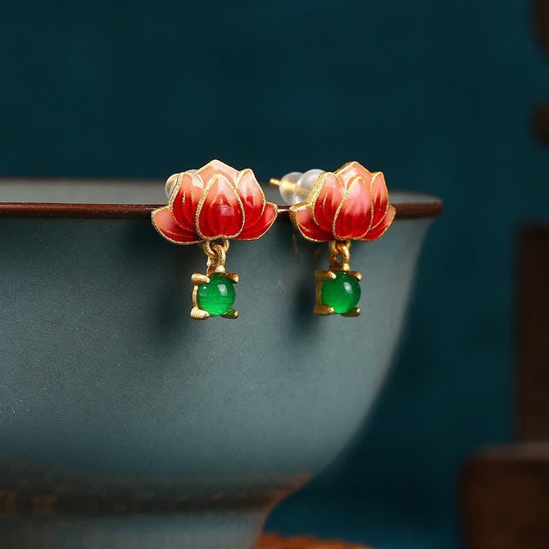 Buddha Stones Jade Lotus Emaille Gold Hängeohrringe „Neubeginn“ - Lotus (Erleuchtung ♥ Neuanfänge) - Jade (Wohlstand♥Glück) - image 0
