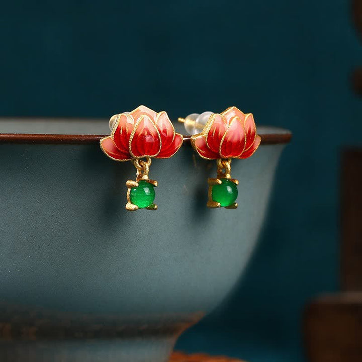 Buddha Stones Jade Lotus Emaille Gold Hängeohrringe „Neubeginn“ - Lotus (Erleuchtung ♥ Neuanfänge) - Jade (Wohlstand♥Glück) - image 0