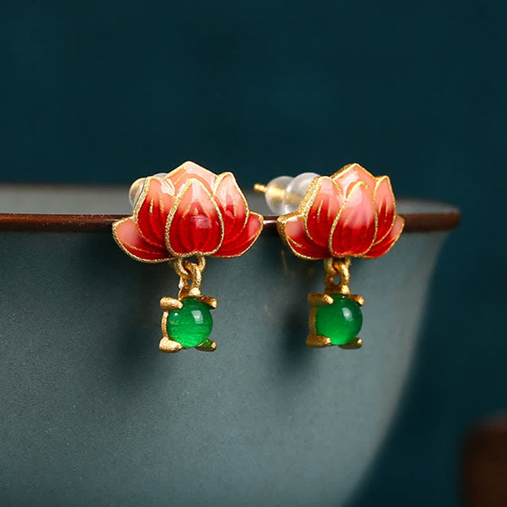 Buddha Stones Jade Lotus Emaille Gold Hängeohrringe „Neubeginn“ - image 1