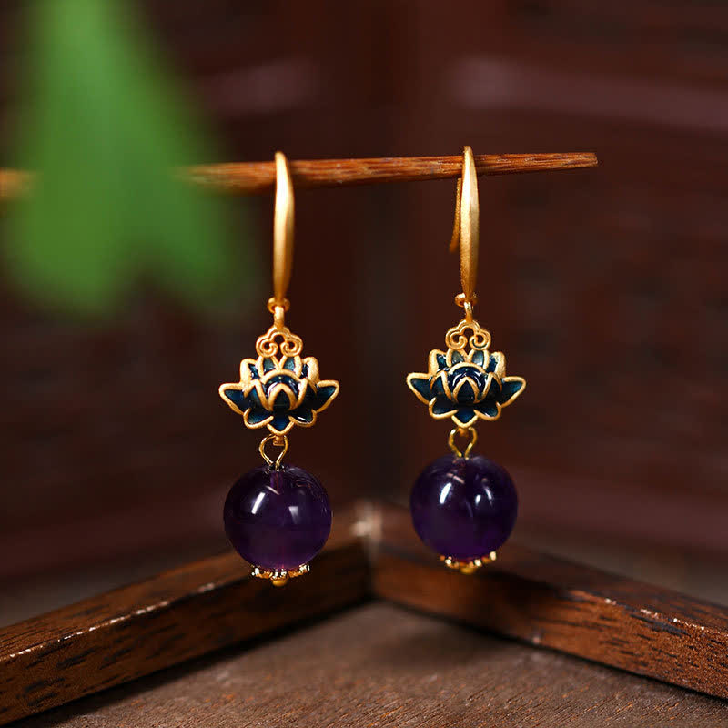 Buddha Stones Amethyst Lotus Enlightenment Tropfenohrringe - Lotus (Erleuchtung ♥ Neuanfänge) - Amethyst (Stressabbau ♥ Intuition) - image 0
