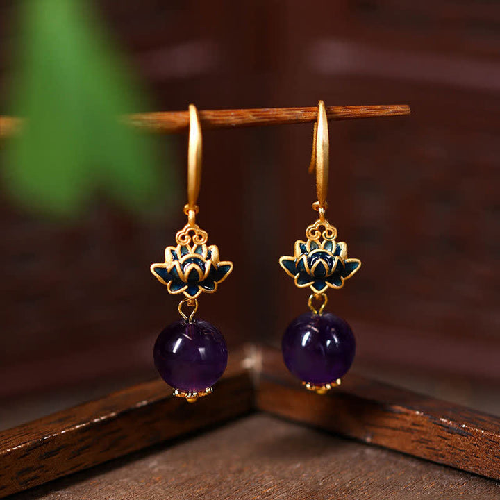 Buddha Stones Amethyst Lotus Enlightenment Tropfenohrringe - Lotus (Erleuchtung ♥ Neuanfänge) - Amethyst (Stressabbau ♥ Intuition) - image 0