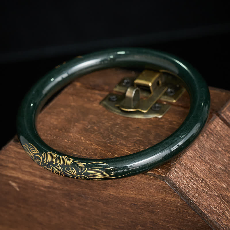Buddha Stones Armreif aus natürlichem cyanfarbenem Jade-Lotus-Koi-Fisch-Motiv – Symbol der Erleuchtung - image 2