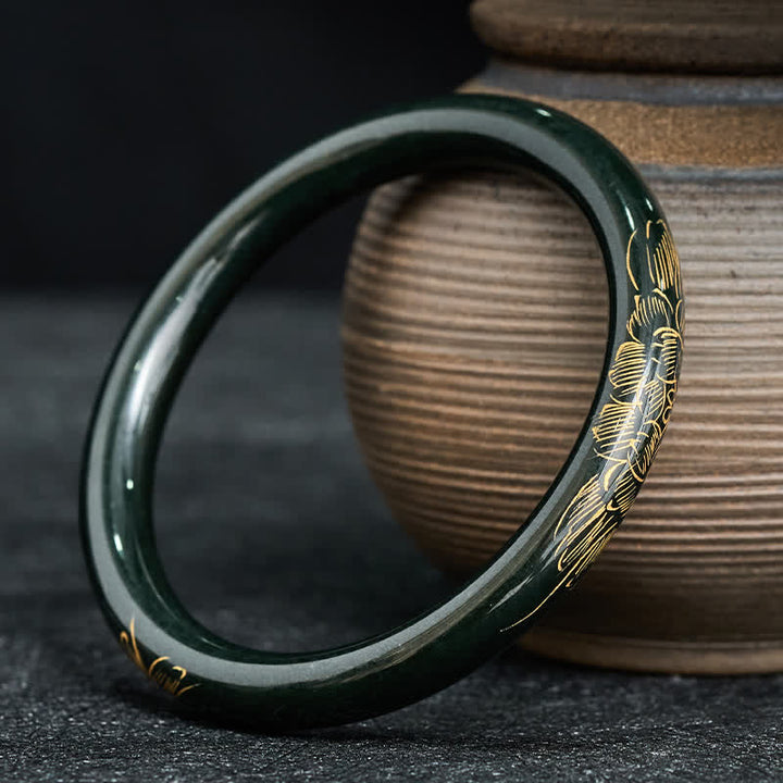 Buddha Stones Armreif aus natürlichem cyanfarbenem Jade-Lotus-Koi-Fisch-Motiv – Symbol der Erleuchtung - image 3