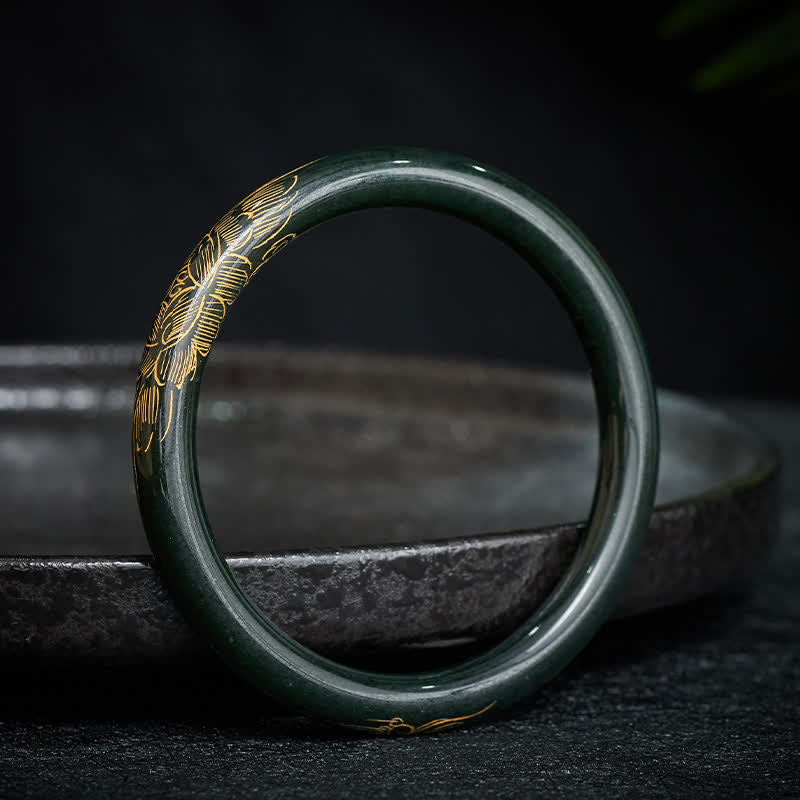 Buddha Stones Armreif aus natürlichem cyanfarbenem Jade-Lotus-Koi-Fisch-Motiv – Symbol der Erleuchtung - Cyan Jade (60–62 mm) - image 0
