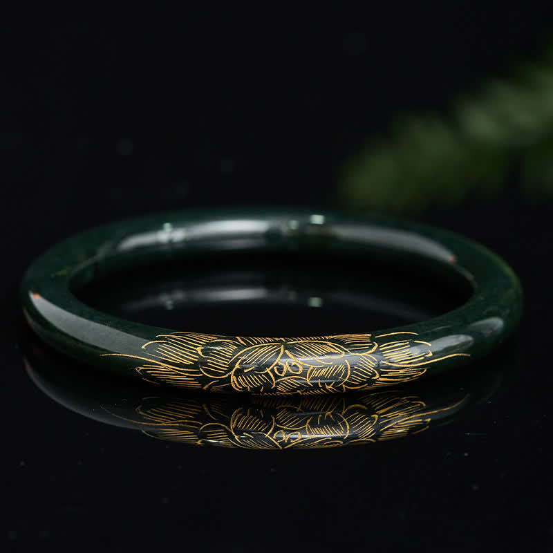 Buddha Stones Armreif aus natürlichem cyanfarbenem Jade-Lotus-Koi-Fisch-Motiv – Symbol der Erleuchtung - image 1