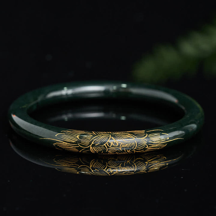 Buddha Stones Armreif aus natürlichem cyanfarbenem Jade-Lotus-Koi-Fisch-Motiv – Symbol der Erleuchtung - image 1