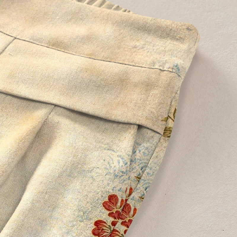 Buddha Stones Baumwoll-Leinen-Hose mit Kranich- und Blumenmuster, elastischem Bund, weitem Bein und Taschen - image 1
