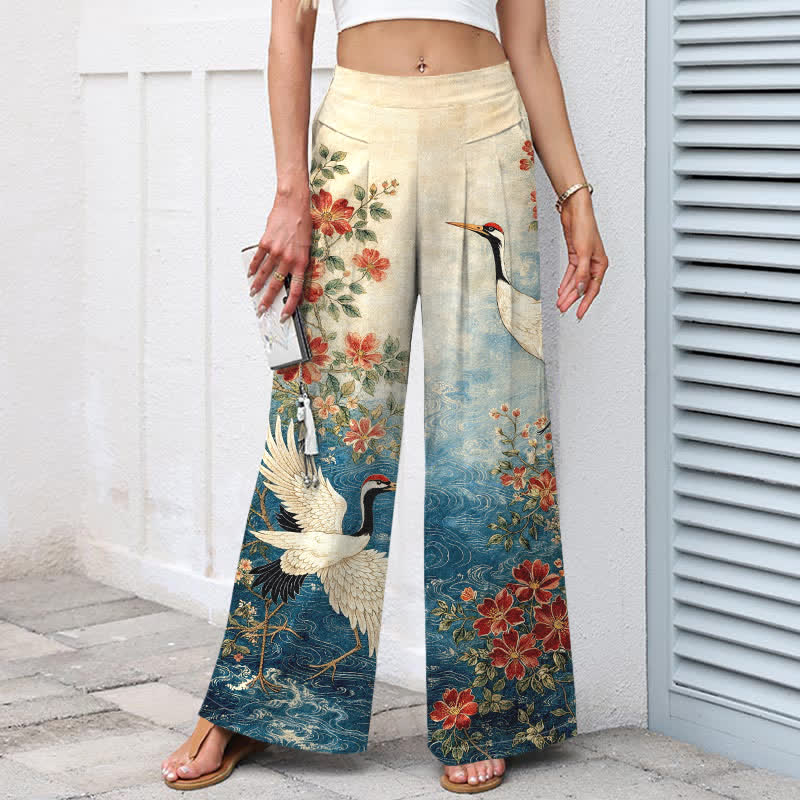 Buddha Stones Baumwoll-Leinen-Hose mit Kranich- und Blumenmuster, elastischem Bund, weitem Bein und Taschen - Blau - US16, UK/AU20, EU48 (3XL) - image 0