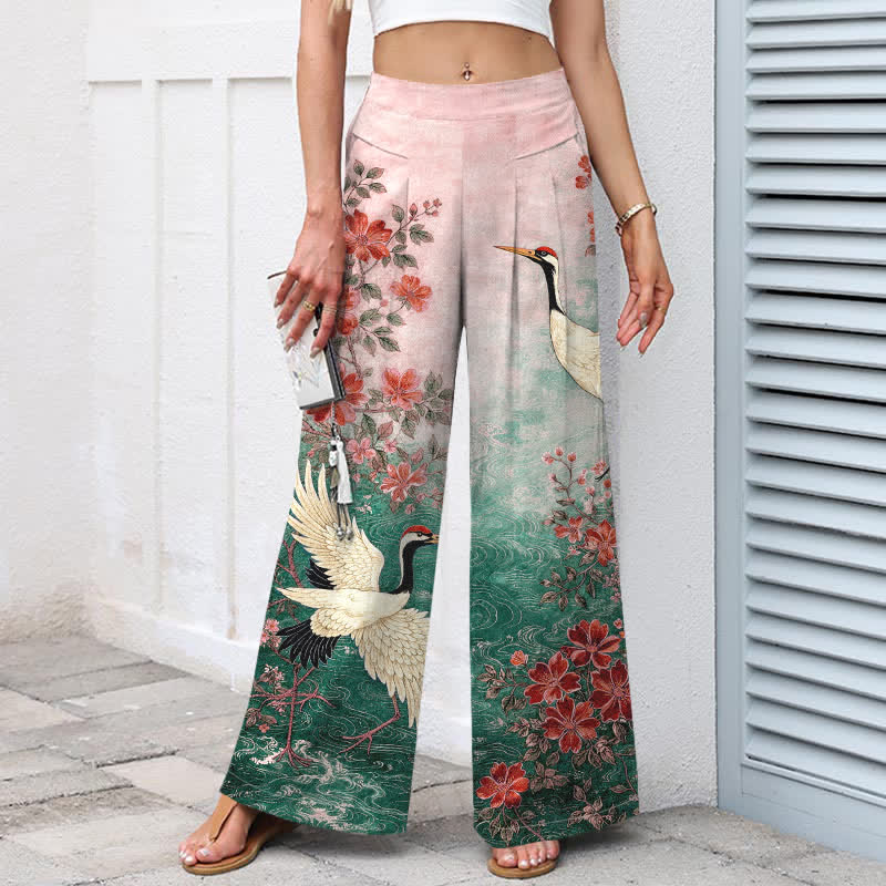 Buddha Stones Baumwoll-Leinen-Hose mit Kranich- und Blumenmuster, elastischem Bund, weitem Bein und Taschen - image 4