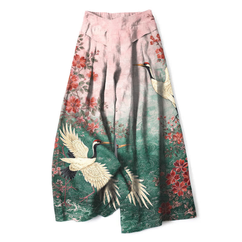 Buddha Stones Baumwoll-Leinen-Hose mit Kranich- und Blumenmuster, elastischem Bund, weitem Bein und Taschen - SeaGreen - US16, UK/AU20, EU48 (3XL) - image 3