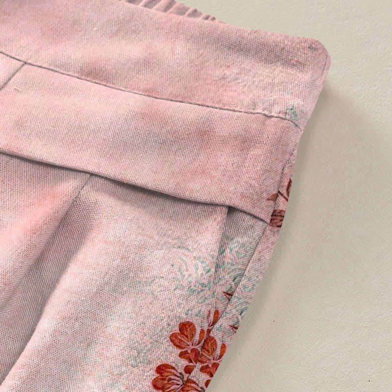 Buddha Stones Baumwoll-Leinen-Hose mit Kranich- und Blumenmuster, elastischem Bund, weitem Bein und Taschen - image 5