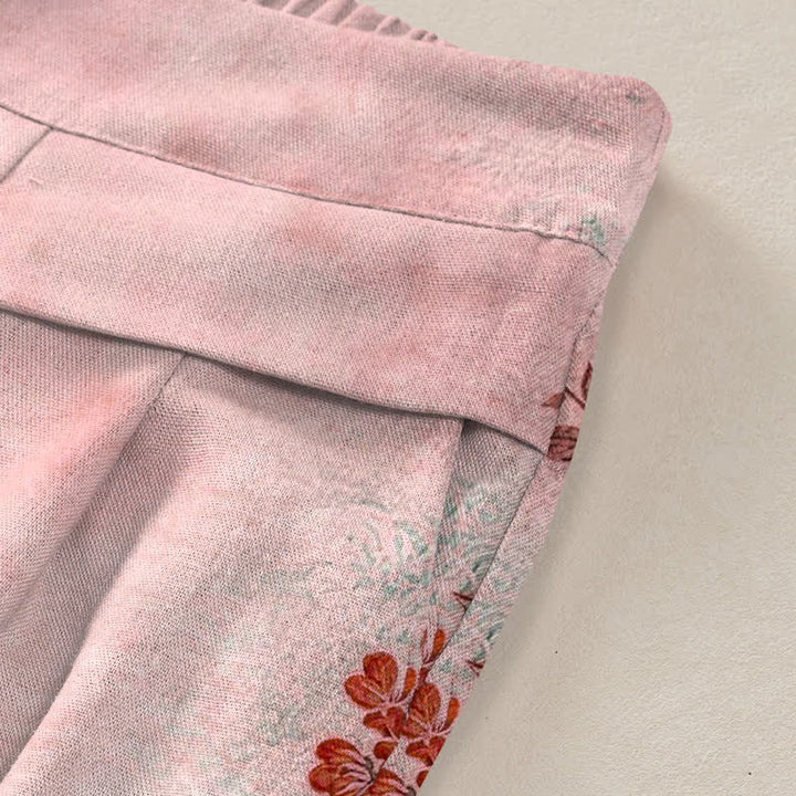 Buddha Stones Baumwoll-Leinen-Hose mit Kranich- und Blumenmuster, elastischem Bund, weitem Bein und Taschen - image 5
