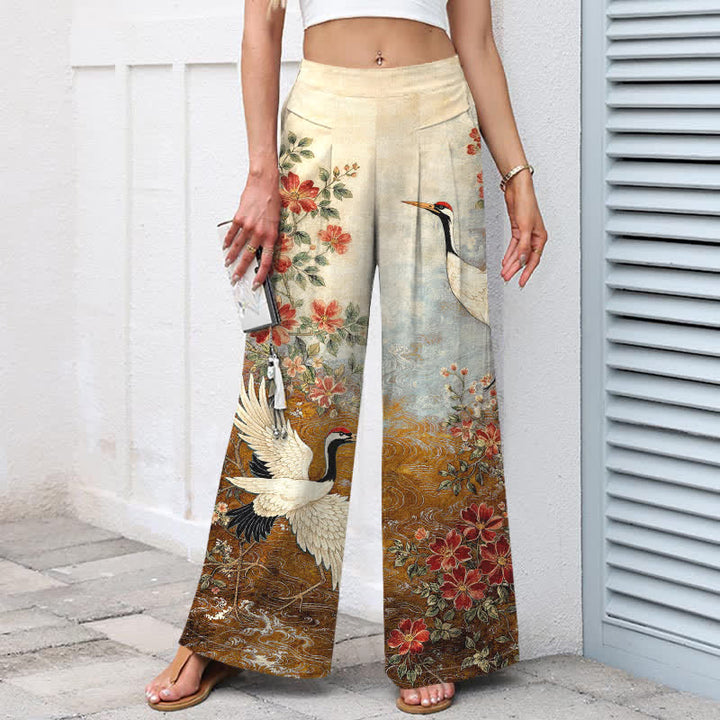 Buddha Stones Baumwoll-Leinen-Hose mit Kranich- und Blumenmuster, elastischem Bund, weitem Bein und Taschen - image 8