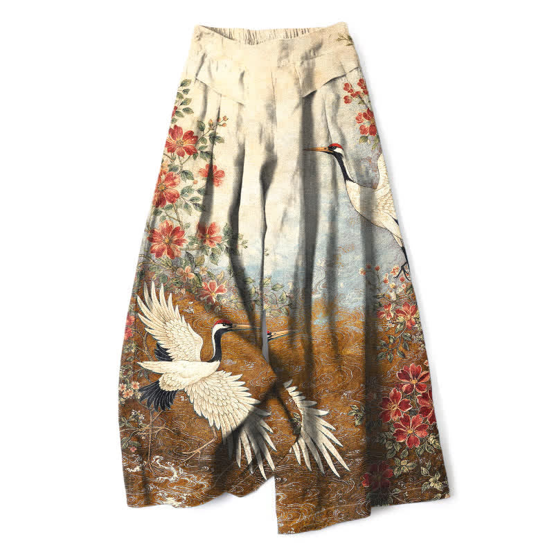 Buddha Stones Baumwoll-Leinen-Hose mit Kranich- und Blumenmuster, elastischem Bund, weitem Bein und Taschen - Goldrute - US16, UK/AU20, EU48 (3XL) - image 7