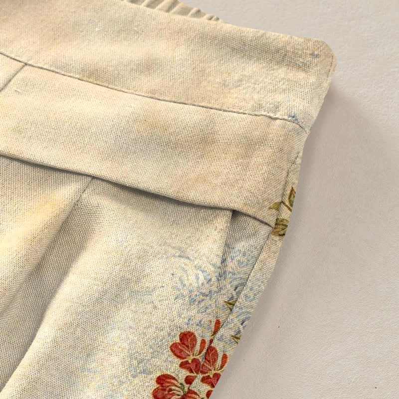 Buddha Stones Baumwoll-Leinen-Hose mit Kranich- und Blumenmuster, elastischem Bund, weitem Bein und Taschen - image 9