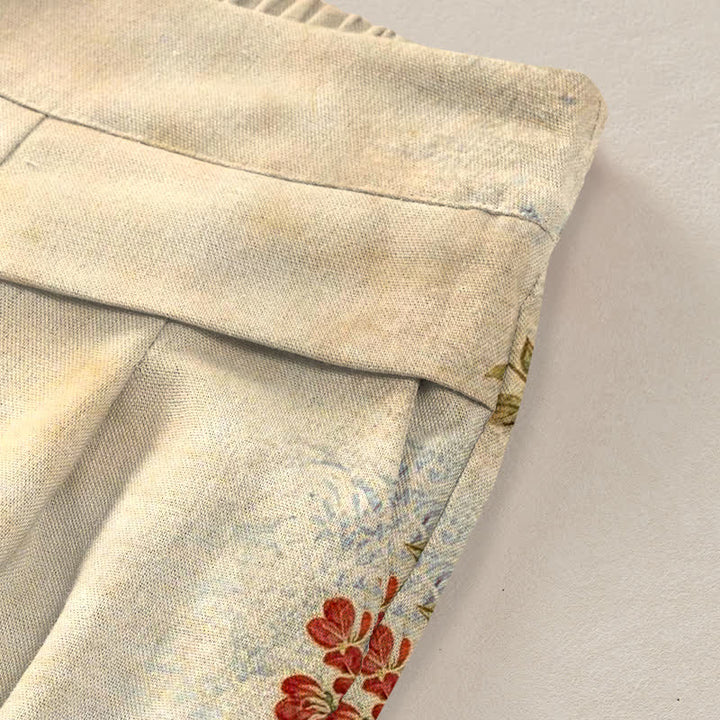 Buddha Stones Baumwoll-Leinen-Hose mit Kranich- und Blumenmuster, elastischem Bund, weitem Bein und Taschen - image 9
