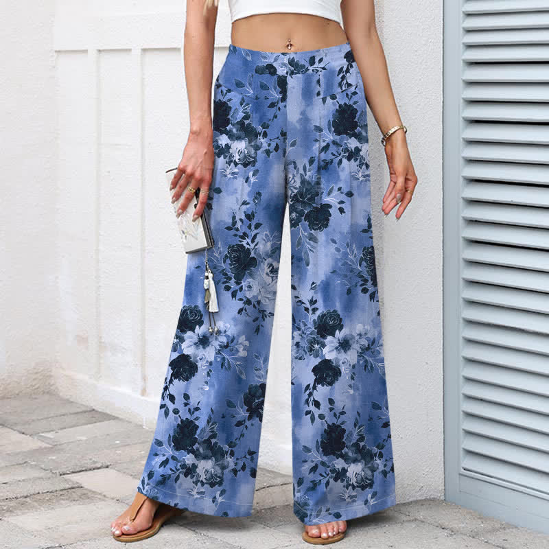 Buddha Stones Damenhose aus Baumwoll-Leinen-Mischgewebe mit Blumenmuster, elastischem Bund, weitem Bein und Taschen - image 1