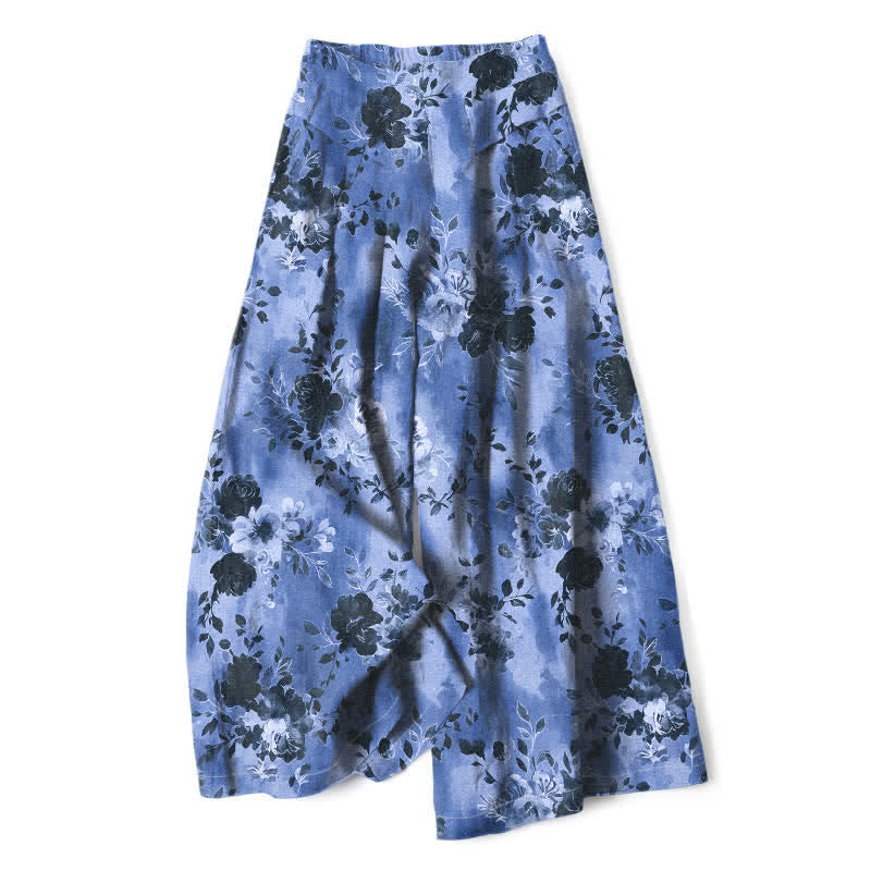 Buddha Stones Damenhose aus Baumwoll-Leinen-Mischgewebe mit Blumenmuster, elastischem Bund, weitem Bein und Taschen - Kornblumenblau - US16, UK/AU20, EU48 (3XL) - image 0