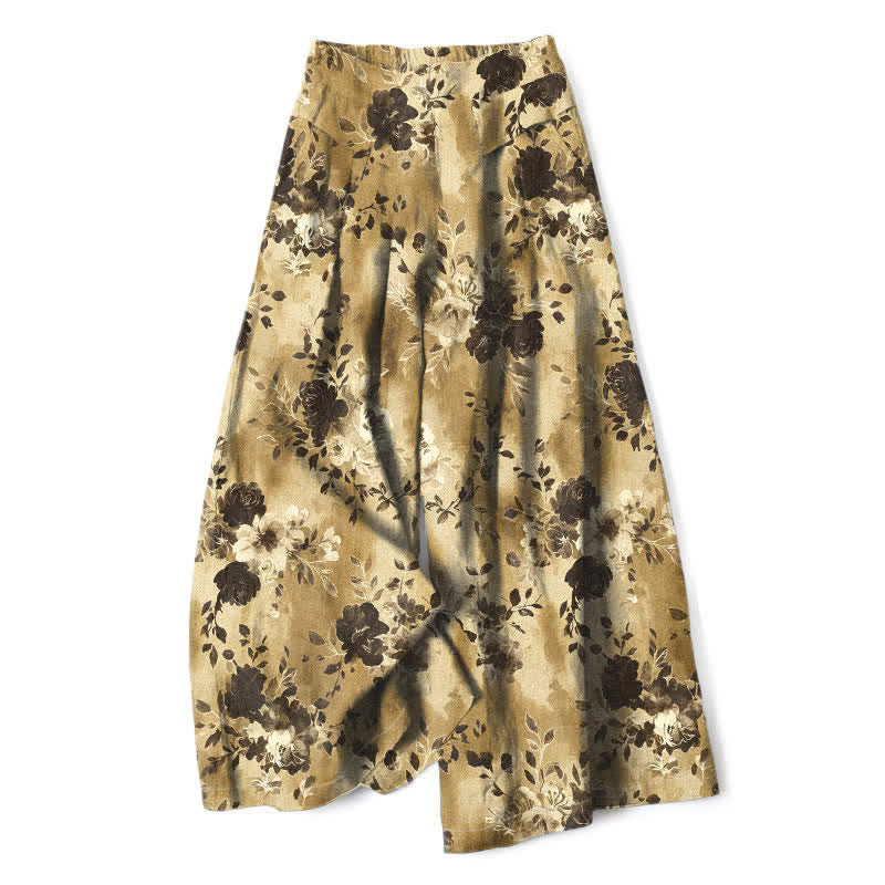 Buddha Stones Damenhose aus Baumwoll-Leinen-Mischgewebe mit Blumenmuster, elastischem Bund, weitem Bein und Taschen - Khaki - US16, UK/AU20, EU48 (3XL) - image 4
