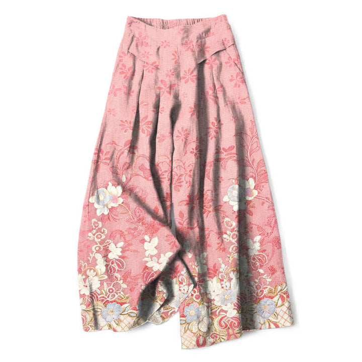 Buddha Stones Damenhose mit romantischem Blumenmuster aus Baumwoll-Leinen-Mischgewebe, elastischem Bund, weitem Bein und Taschen - Hellrosa - US16, UK/AU20, EU48 (3XL) - image 0