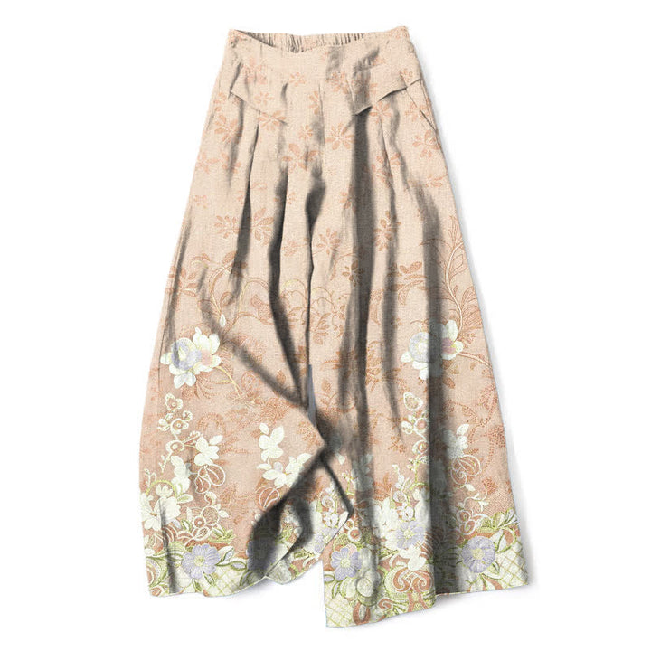Buddha Stones Damenhose mit romantischem Blumenmuster aus Baumwoll-Leinen-Mischgewebe, elastischem Bund, weitem Bein und Taschen - Weizen - US16, UK/AU20, EU48 (3XL) - image 4