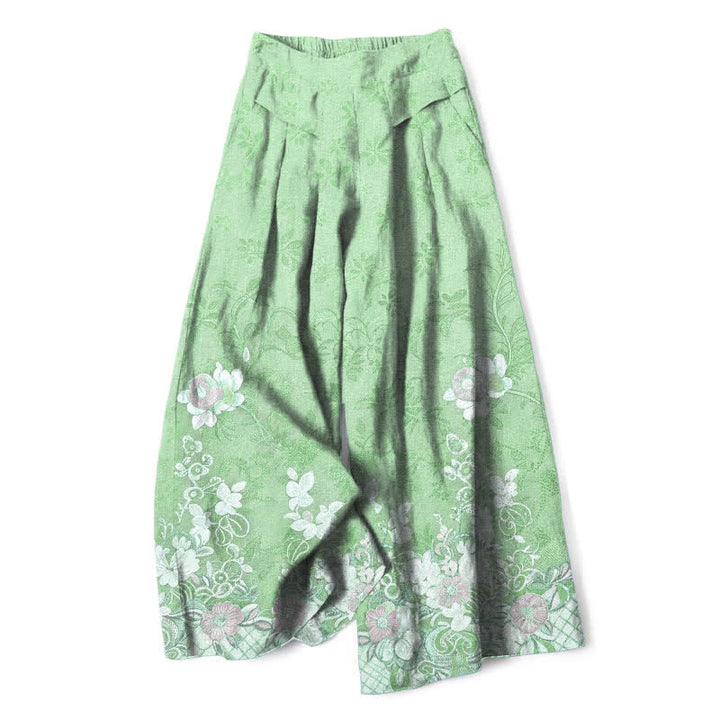 Buddha Stones Damenhose mit romantischem Blumenmuster aus Baumwoll-Leinen-Mischgewebe, elastischem Bund, weitem Bein und Taschen - Hellgrün - US16, UK/AU20, EU48 (3XL) - image 8