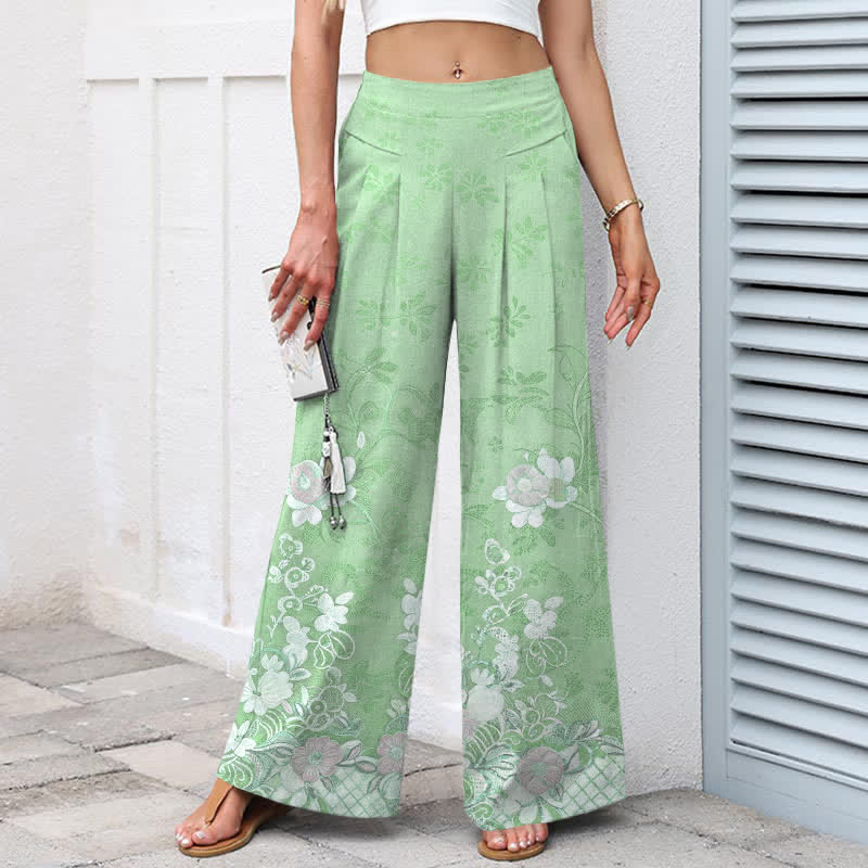 Buddha Stones Damenhose mit romantischem Blumenmuster aus Baumwoll-Leinen-Mischgewebe, elastischem Bund, weitem Bein und Taschen - image 9