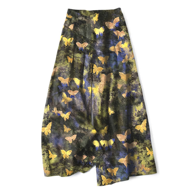 Buddha Stones Baumwoll-Leinen-Hose mit Schmetterlingsmuster, elastischem Bund, weitem Bein und Taschen - Gelb - US16, UK/AU20, EU48 (3XL) - image 0