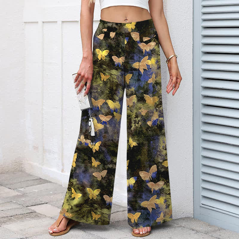 Buddha Stones Baumwoll-Leinen-Hose mit Schmetterlingsmuster, elastischem Bund, weitem Bein und Taschen - image 1