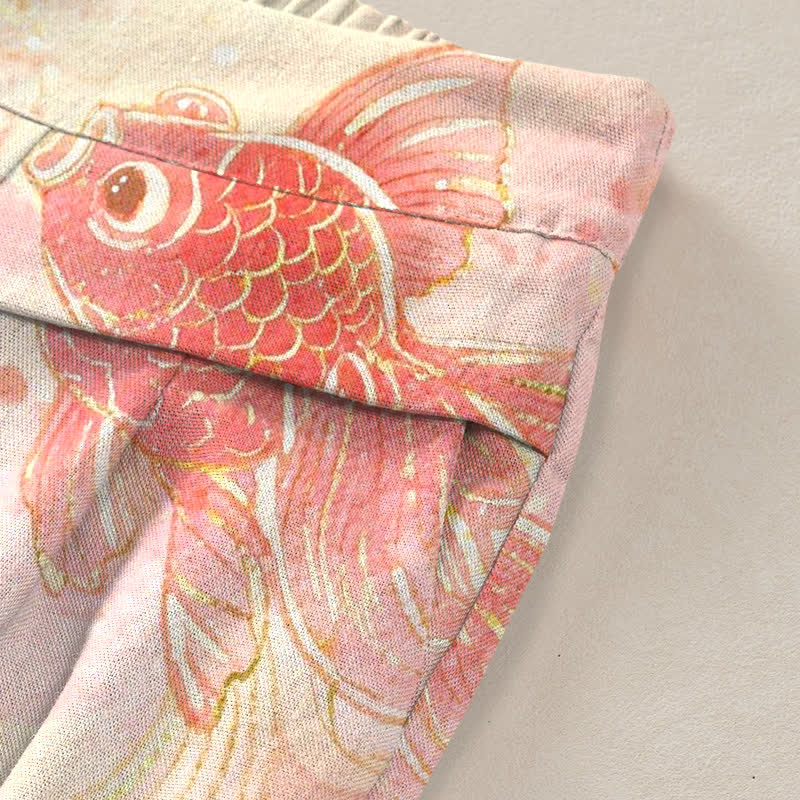 Buddha Stones Baumwoll-Leinen-Hose mit Koi-Fisch- und Blumenmuster, elastischem Bund, weitem Bein und Taschen - image 2
