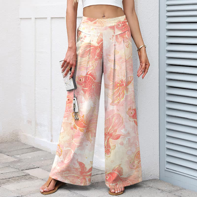Buddha Stones Baumwoll-Leinen-Hose mit Koi-Fisch- und Blumenmuster, elastischem Bund, weitem Bein und Taschen - image 1