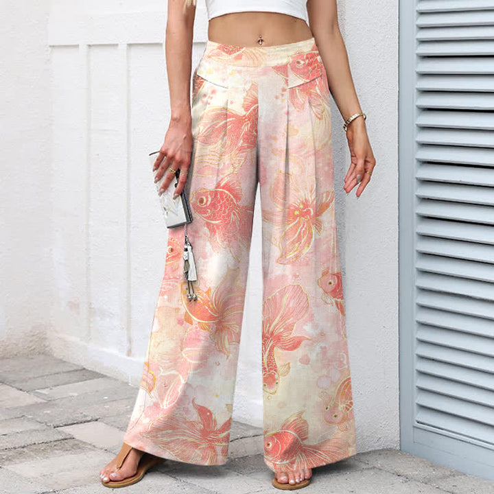 Buddha Stones Baumwoll-Leinen-Hose mit Koi-Fisch- und Blumenmuster, elastischem Bund, weitem Bein und Taschen - image 1