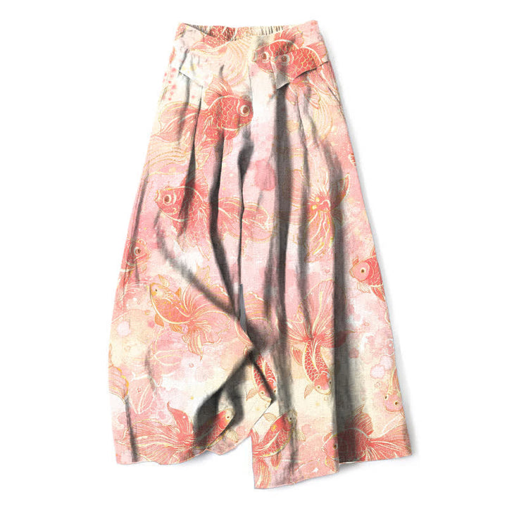 Buddha Stones Baumwoll-Leinen-Hose mit Koi-Fisch- und Blumenmuster, elastischem Bund, weitem Bein und Taschen - Hellrosa - US16, UK/AU20, EU48 (3XL) - image 0