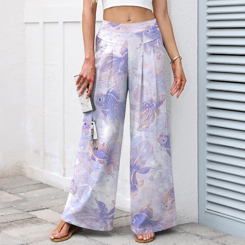 Buddha Stones Baumwoll-Leinen-Hose mit Koi-Fisch- und Blumenmuster, elastischem Bund, weitem Bein und Taschen - image 5