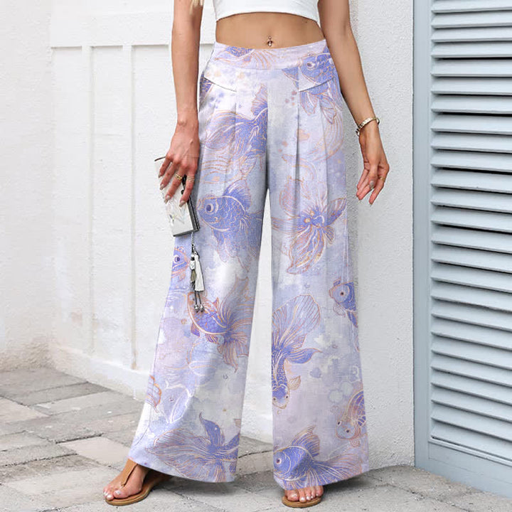Buddha Stones Baumwoll-Leinen-Hose mit Koi-Fisch- und Blumenmuster, elastischem Bund, weitem Bein und Taschen - image 5