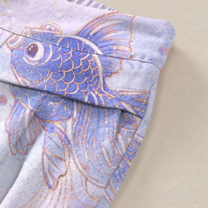 Buddha Stones Baumwoll-Leinen-Hose mit Koi-Fisch- und Blumenmuster, elastischem Bund, weitem Bein und Taschen - image 6