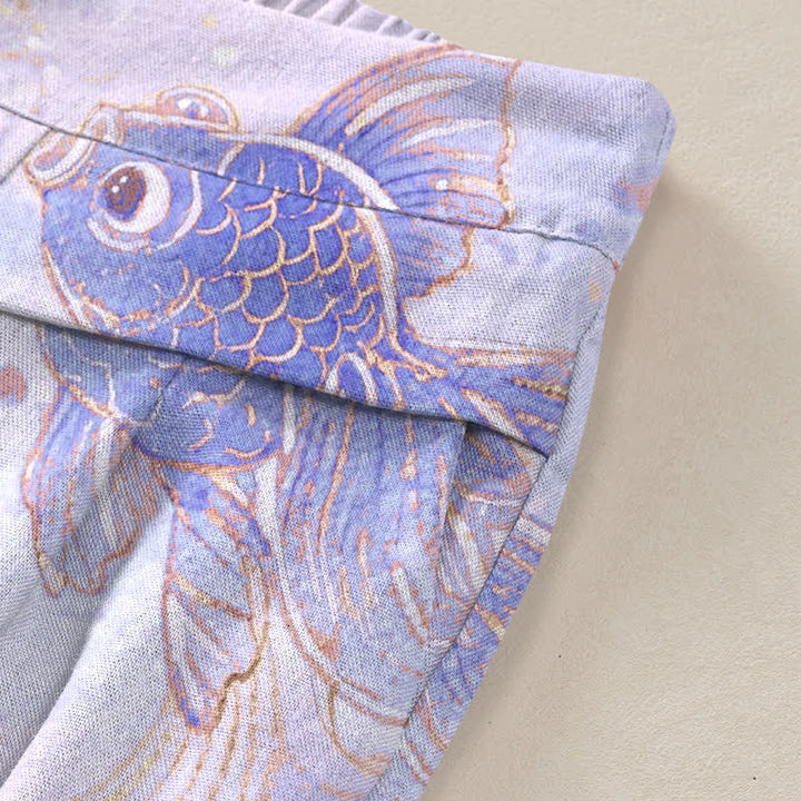 Buddha Stones Baumwoll-Leinen-Hose mit Koi-Fisch- und Blumenmuster, elastischem Bund, weitem Bein und Taschen - image 6