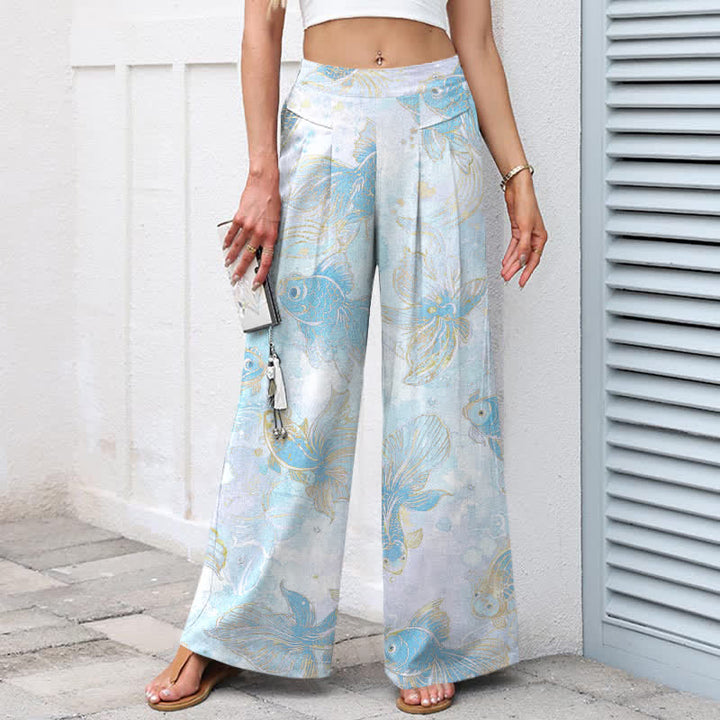 Buddha Stones Baumwoll-Leinen-Hose mit Koi-Fisch- und Blumenmuster, elastischem Bund, weitem Bein und Taschen - image 9