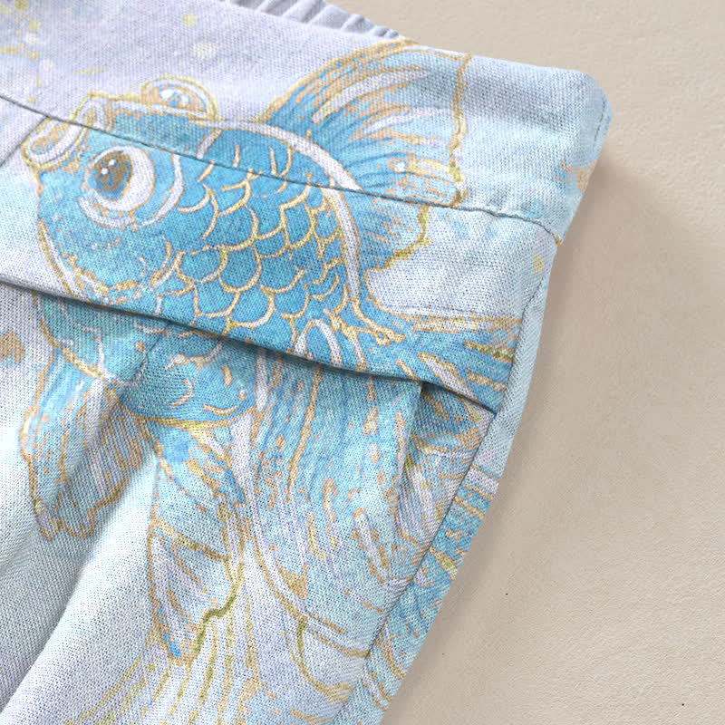 Buddha Stones Baumwoll-Leinen-Hose mit Koi-Fisch- und Blumenmuster, elastischem Bund, weitem Bein und Taschen - image 10