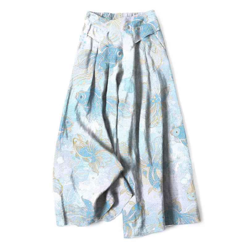 Buddha Stones Baumwoll-Leinen-Hose mit Koi-Fisch- und Blumenmuster, elastischem Bund, weitem Bein und Taschen - Helltürkis - US16, UK/AU20, EU48 (3XL) - image 8