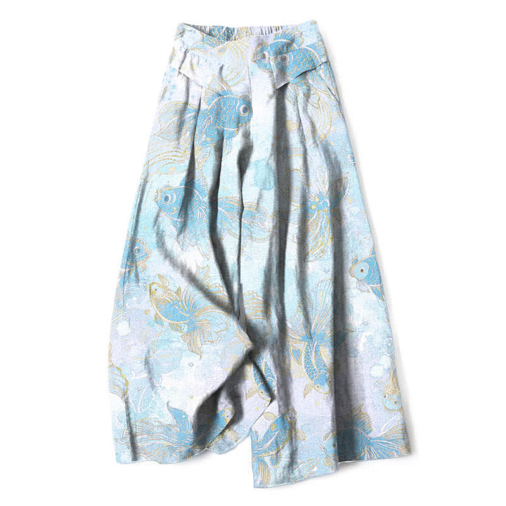 Buddha Stones Baumwoll-Leinen-Hose mit Koi-Fisch- und Blumenmuster, elastischem Bund, weitem Bein und Taschen - Helltürkis - US16, UK/AU20, EU48 (3XL) - image 8