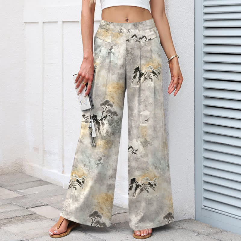 Buddha Stones Baumwoll-Leinen-Hose mit Tintenwaschmuster, elastischem Bund, weitem Bein und Taschen - image 1