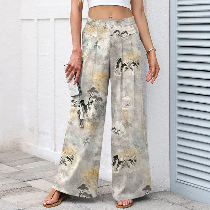 Buddha Stones Baumwoll-Leinen-Hose mit Tintenwaschmuster, elastischem Bund, weitem Bein und Taschen - image 1